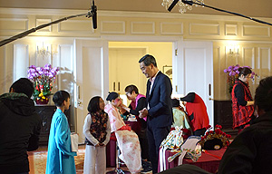 Members of the Cantonese opera children troupe arrive at Government House early in the morning to make preparations.